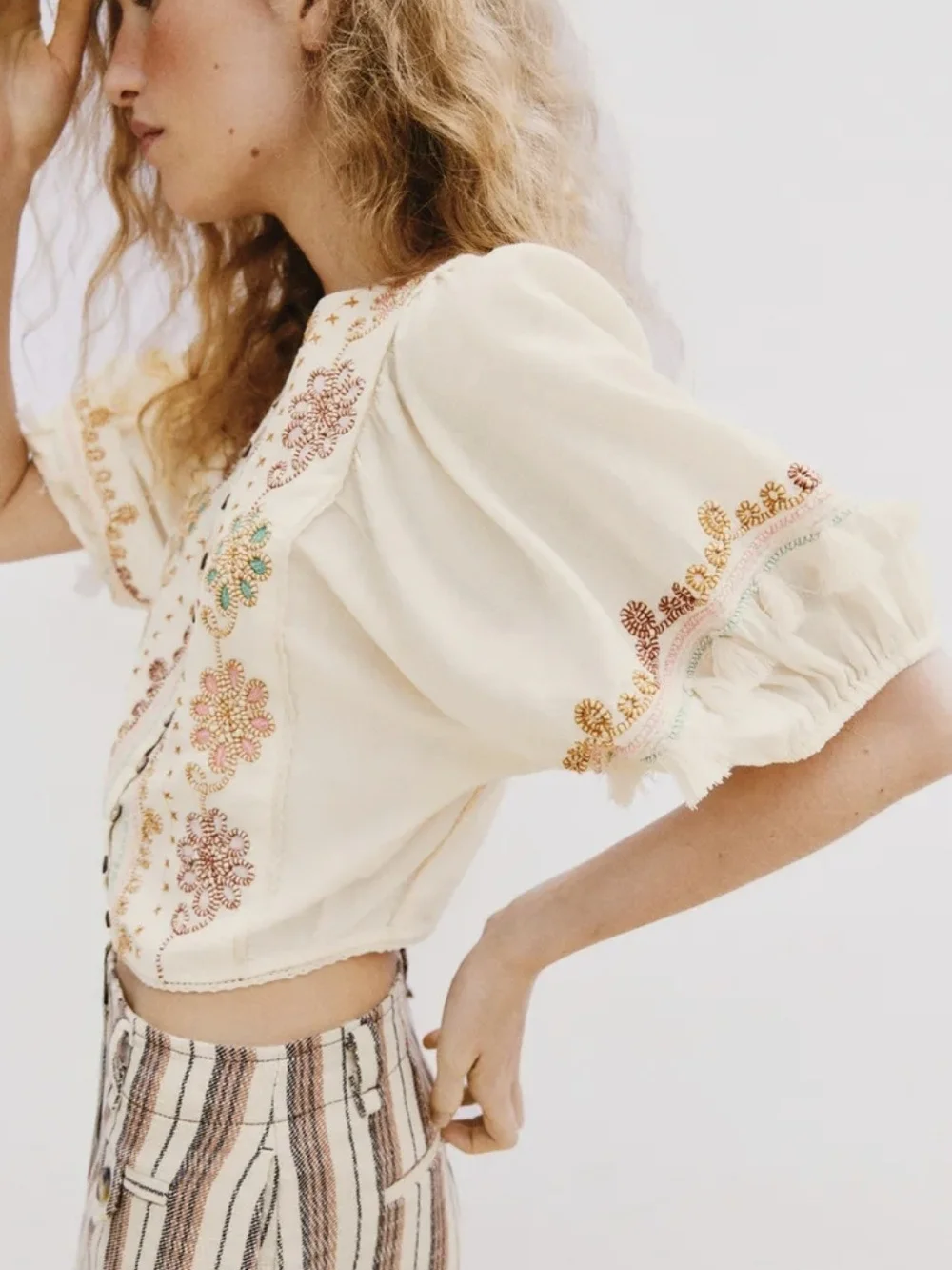 Zara Cream Embroidered Puff-Sleeve Blouse